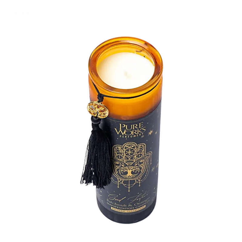 Candela d'intenti pure works con nappina buona fortuna in vetro - 80 h