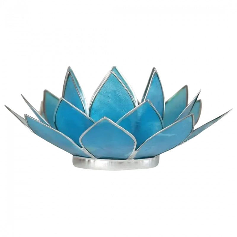 Porta candela fiore di loto 5 chakra azzurro bordo argento - 13,5 cm