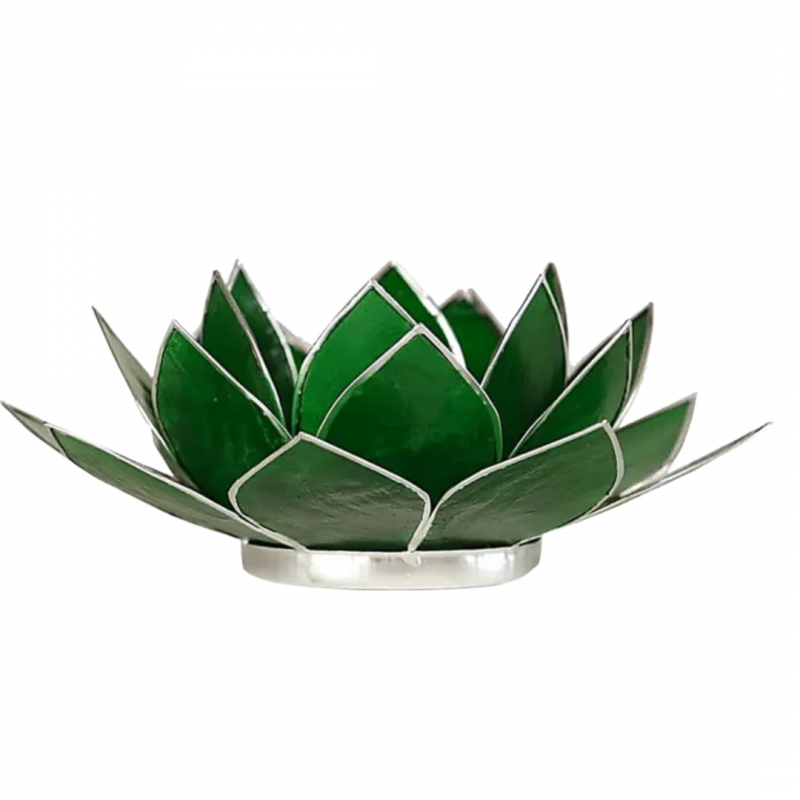 Porta candela fiore di loto 4 chakra verde bordo argento - 13,5 cm