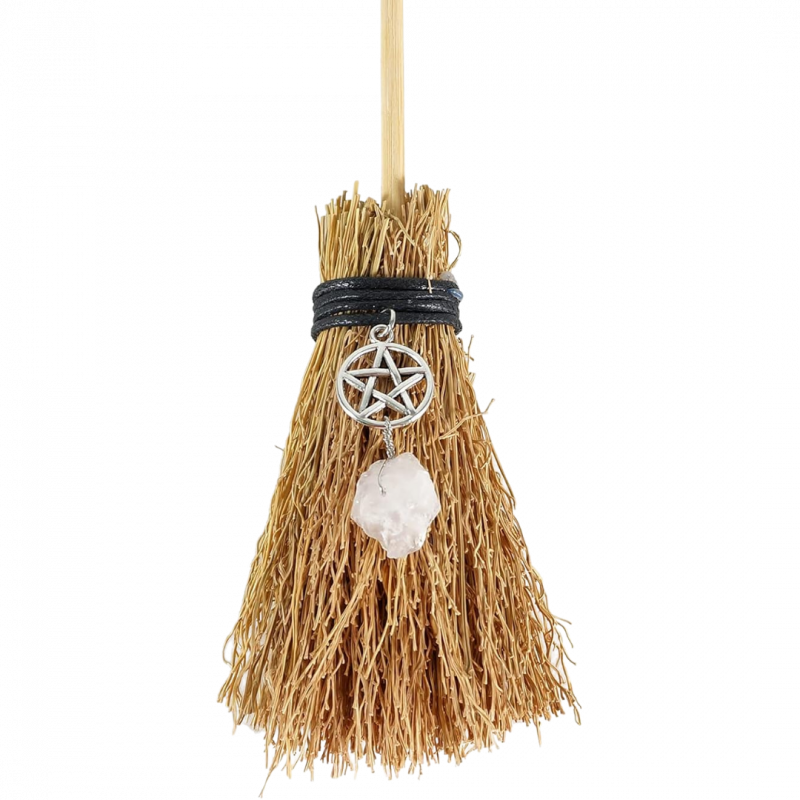 Scopa rituale wicca con ciondolo pentacolo e cristallo - 17 cm