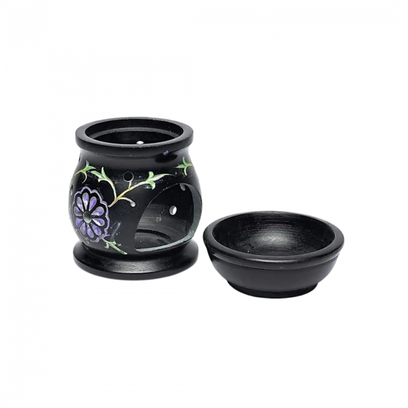 Bruciatore motivi floreali in pietra ollare nera - 8 x 5 cm