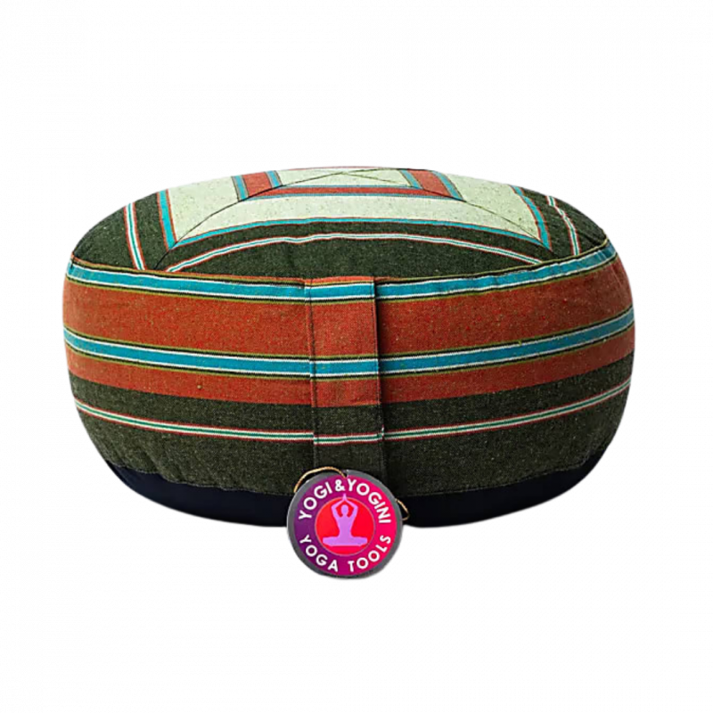 Cuscino zafu verde chiaro e scuro in cotone organico con pula di grano - 33x17cm