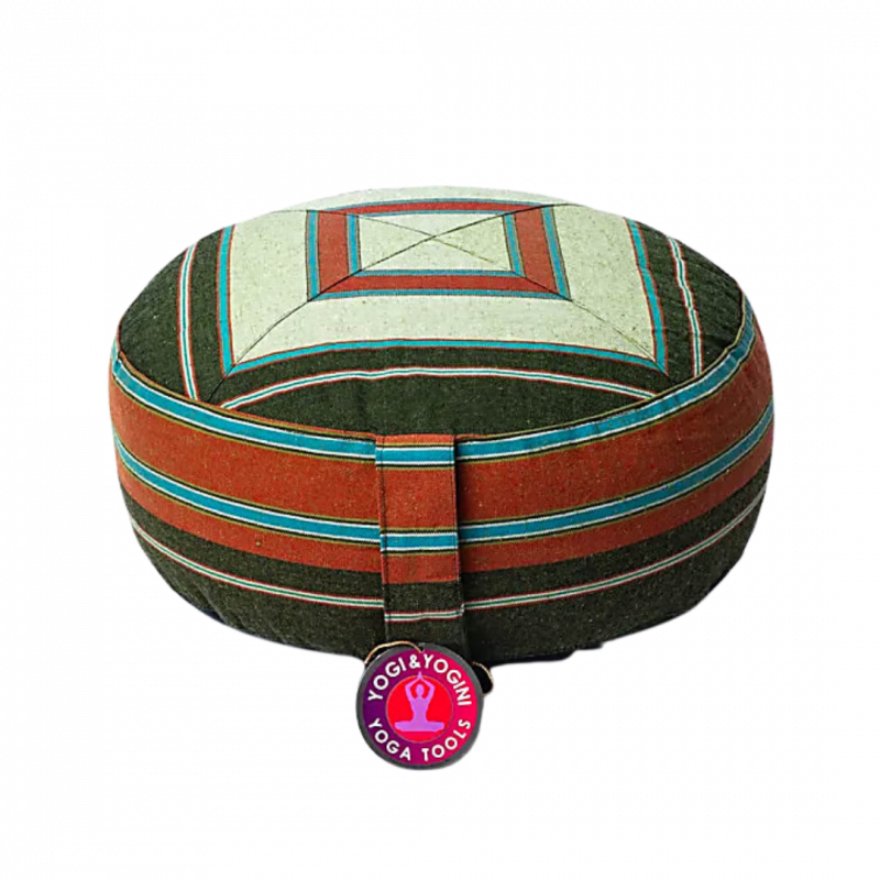 Cuscino zafu verde chiaro e scuro in cotone organico con pula di grano - 33x17cm