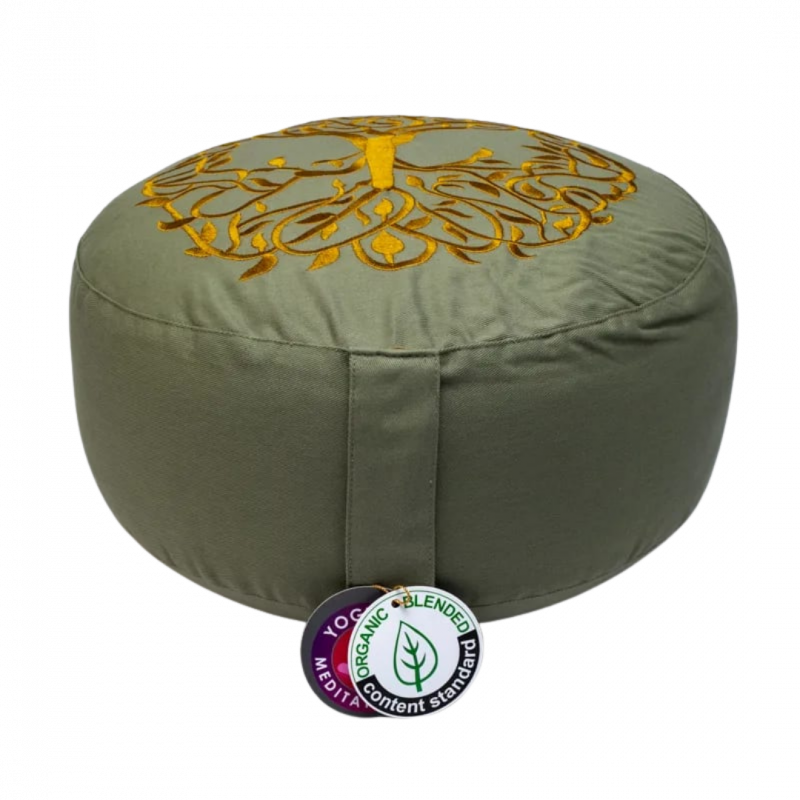 Cuscino zafu albero della vita in cotone organico con pula di grano - 33x17 cm