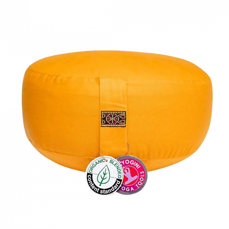 Cuscino zafu giallo in cotone organico con pula di grano sfoderabile - 33x17 cm