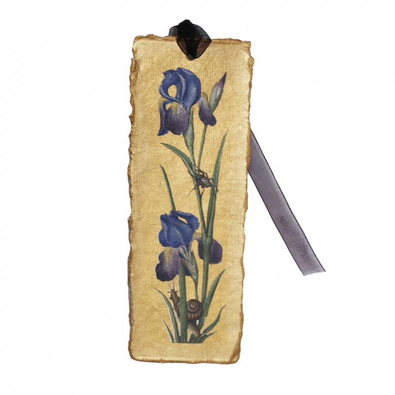 Segnalibro iris blu in carta pergamena dorata - 6 x17 cm