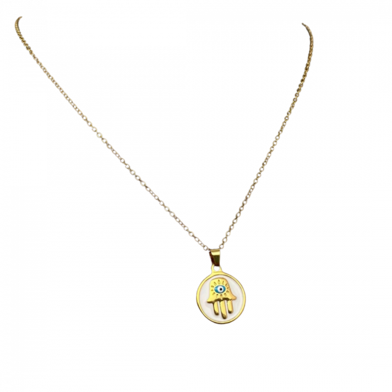 Ciondolo mano di fatima in tondo bianco in acciaio inox placcato oro - 18 k
