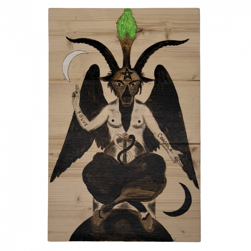 Simulacro baphometto artigianale in legno inciso a mano - 30 x 20 cm