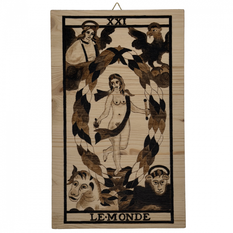 Tavola arcano mondo artigianale in legno inciso a mano - 30 x 18,5 cm