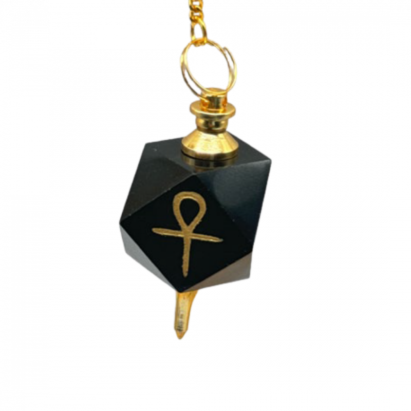 Pendolo esagonale in ossidiana nera con croce di ankh - 4 cm
