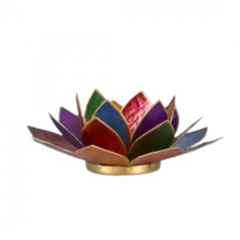 Porta candela fiore di loto colori sette chakra bordo oro - 13,5 cm