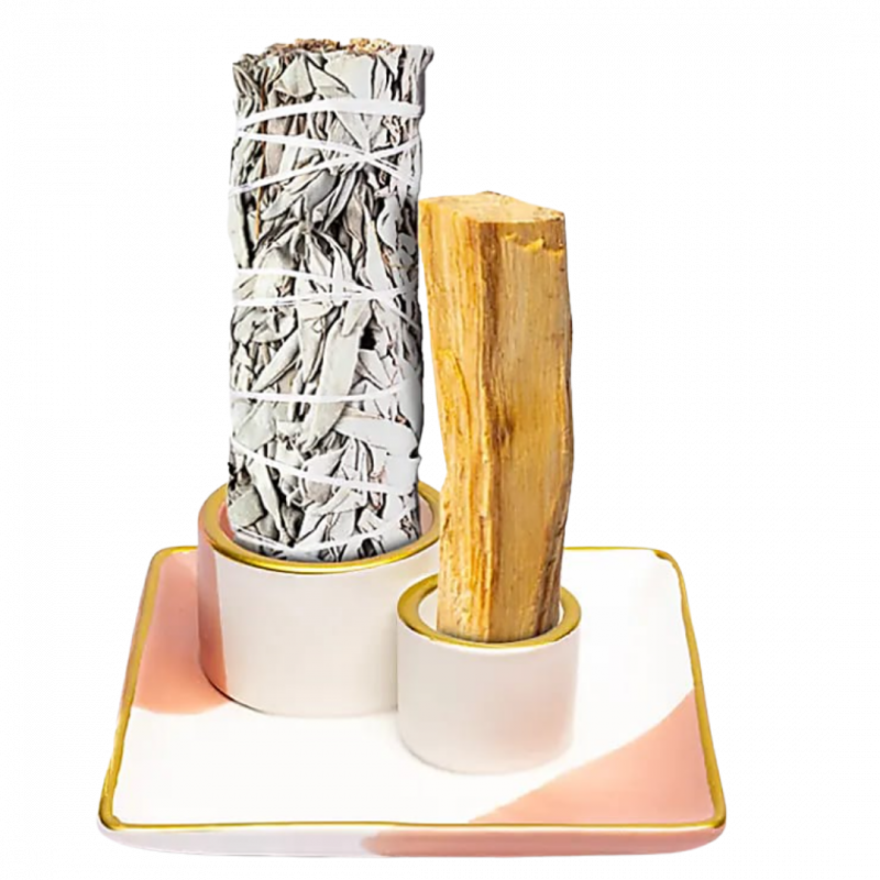 Bruciatore rosa bianco oro in ceramica quadrato per smudge e palo santo - 11 cm