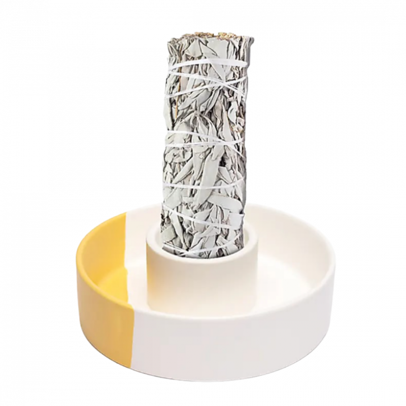 Bruciatore bianco e ocra in ceramica tondo  per smudge - 12 cm