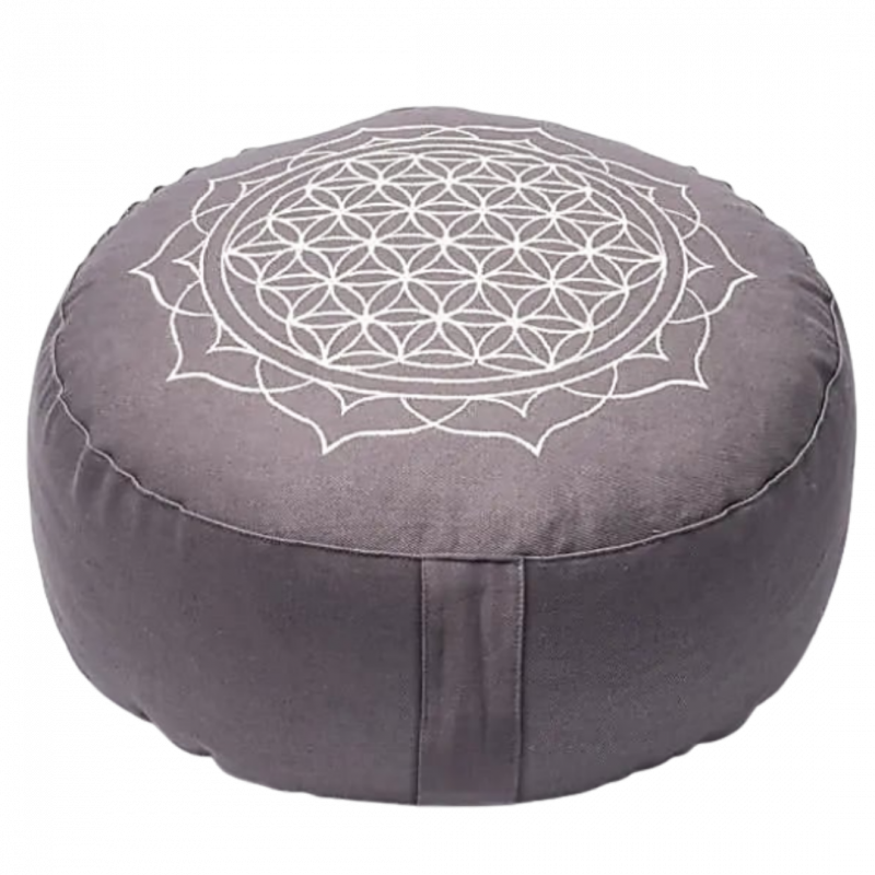 Cuscino zafu mandala grigio in cotone organico con pula di grano - 33x17 cm