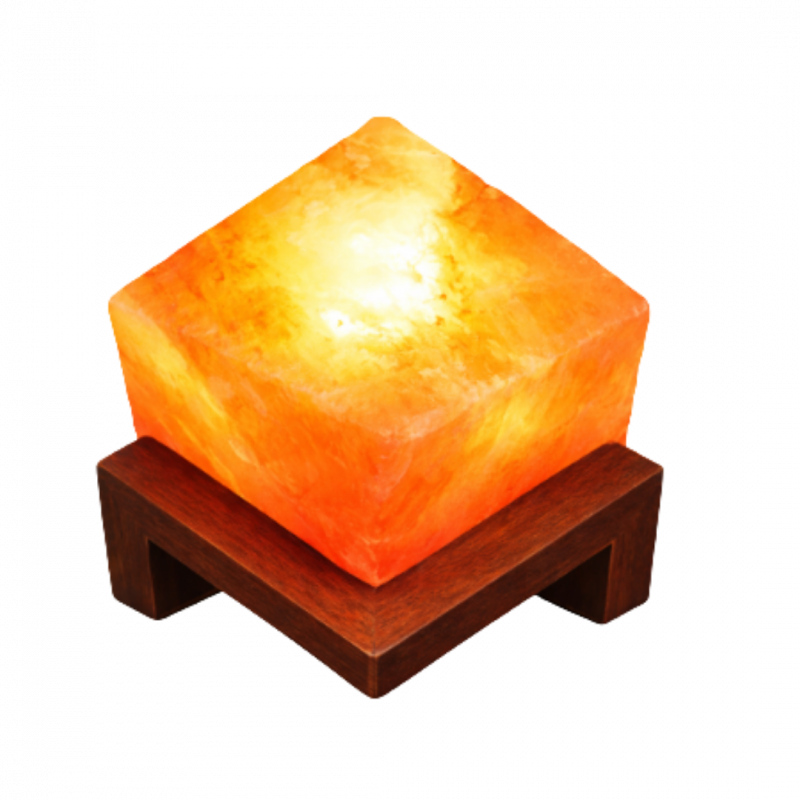 Lampada di sale himalaya cubo esaedro su piedistallo in legno - h 20 cm