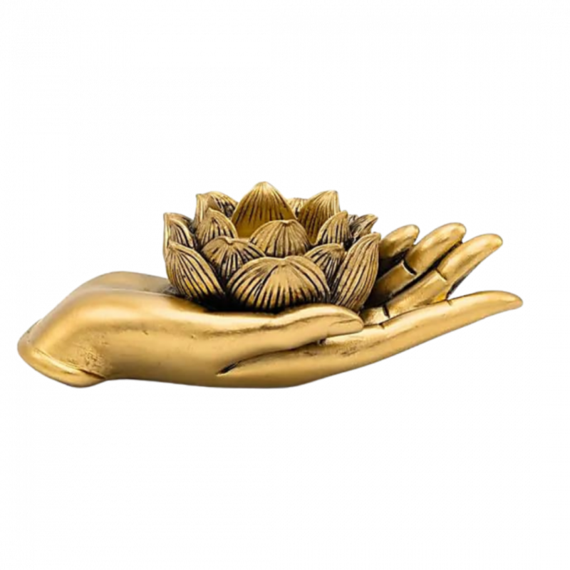 porta lumino mano e fiore di loto color oro in poliresina - 16x8x5 cm