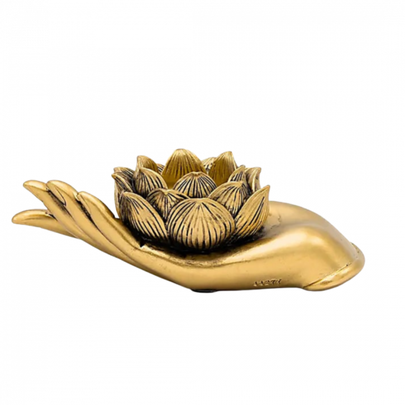 porta lumino mano e fiore di loto color oro in poliresina - 16x8x5 cm