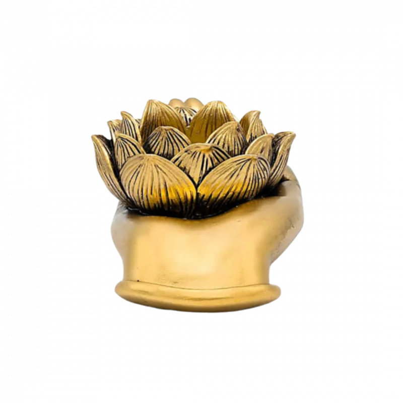 porta lumino mano e fiore di loto color oro in poliresina - 16x8x5 cm