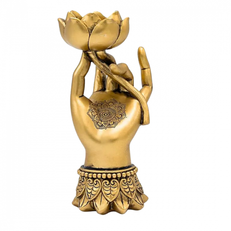porta lumino varada mudra e fiore di loto color oro in poliresina - 18x9 cm