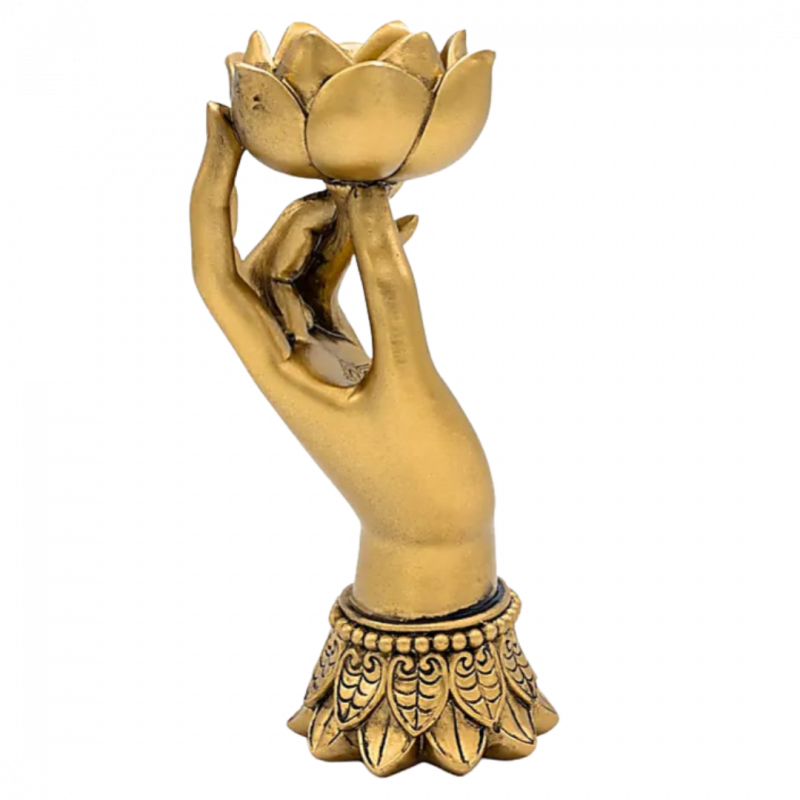 porta lumino varada mudra e fiore di loto color oro in poliresina - 18x9 cm