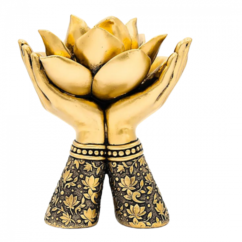 porta lumino mani giunte e fiore di loto color oro in poliresina - 14x17 cm