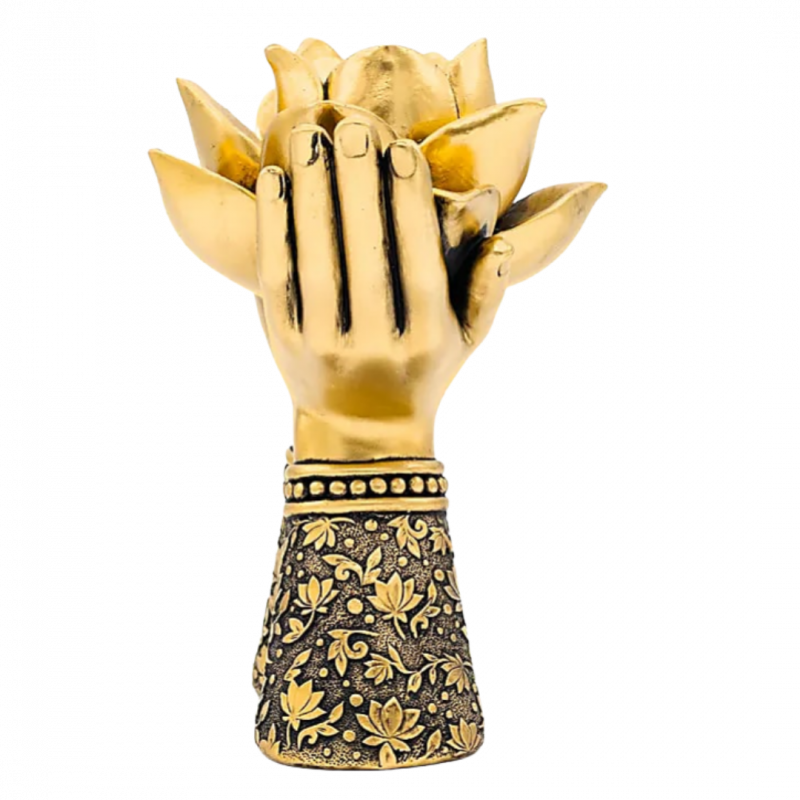 porta lumino mani giunte e fiore di loto color oro in poliresina - 14x17 cm
