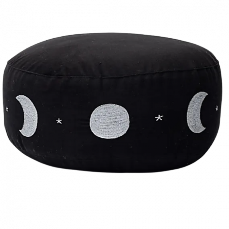 Cuscino zafu fasi lunari nero in cotone organico con pula di grano - 33x17 cm