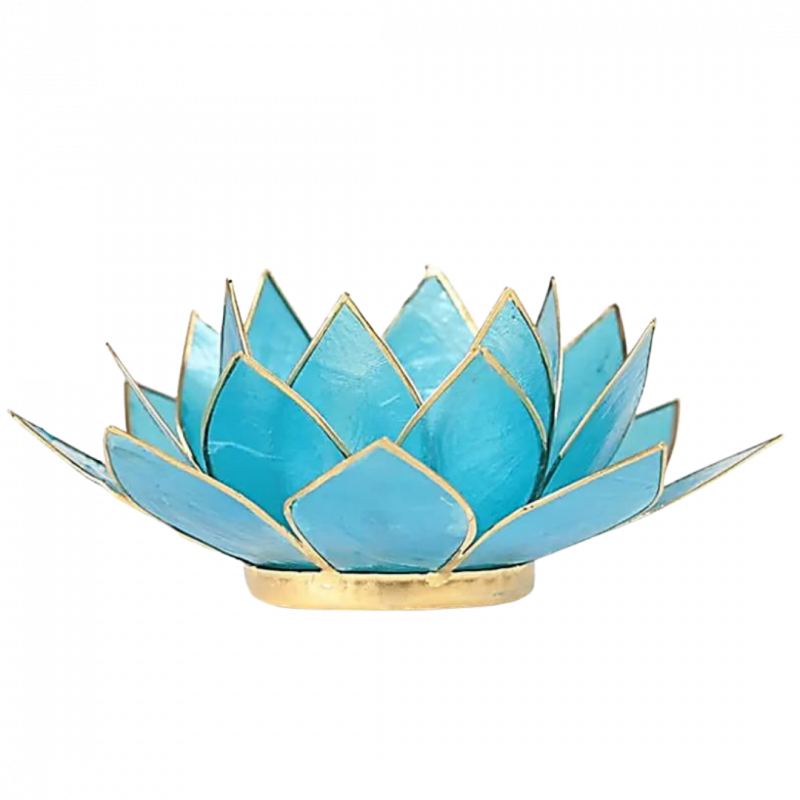 Porta candela fiore di loto 5 chakra azzurro bordo oro - 13,5 cm