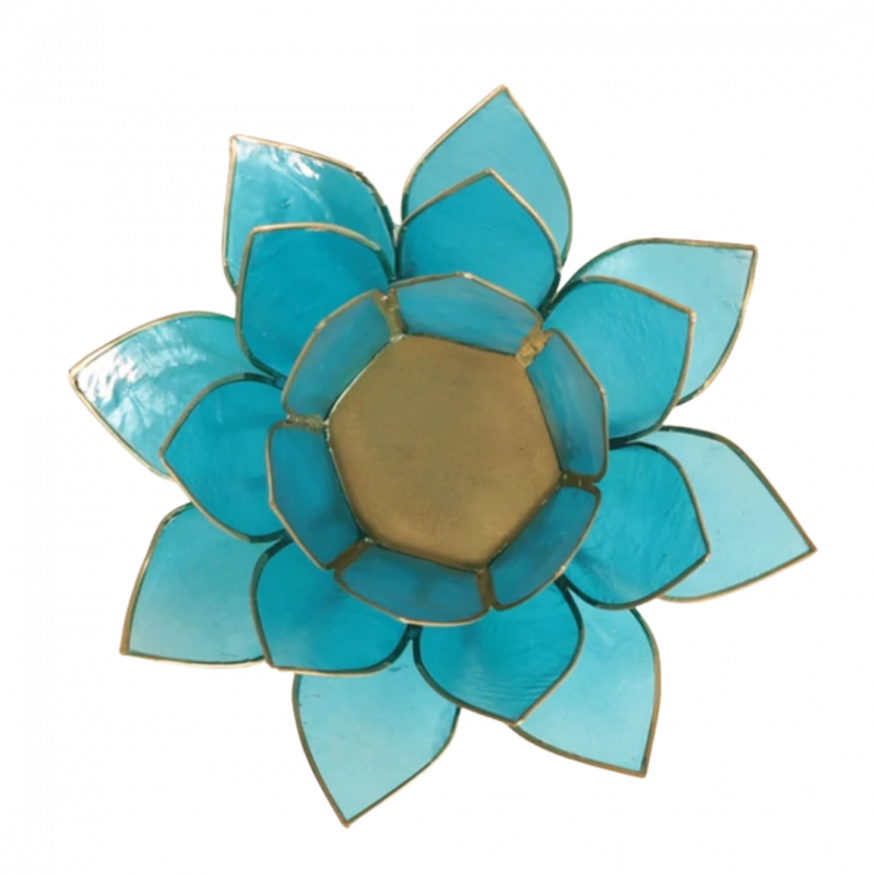 Porta candela fiore di loto 5 chakra azzurro bordo oro - 13,5 cm