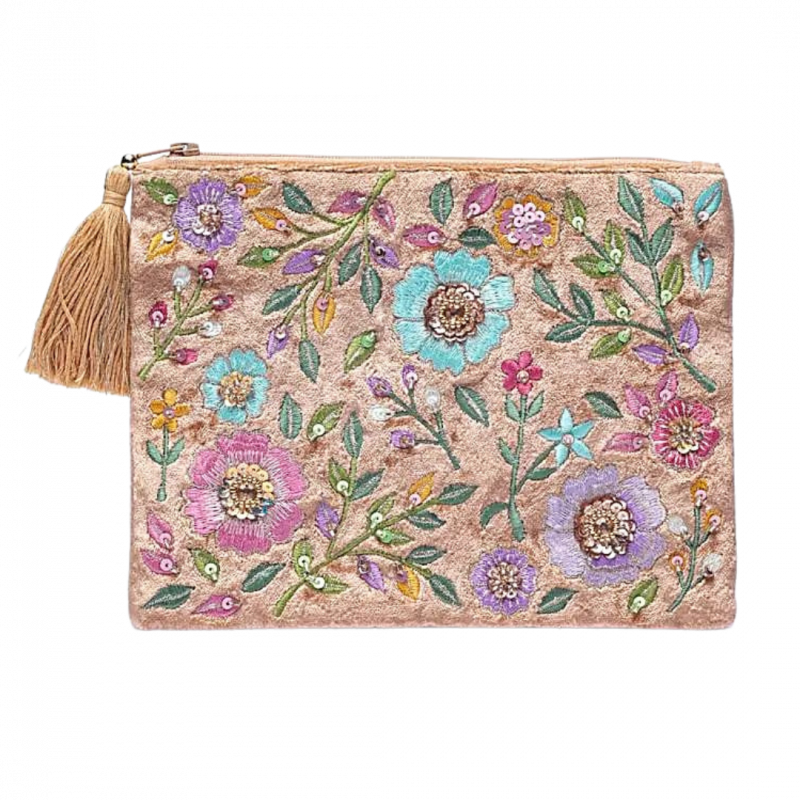 Astuccio beige con fiori in velluto - 20x15 cm