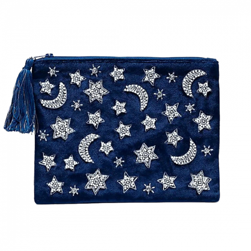 Astuccio blu con luna e stelle in velluto - 20x15 cm