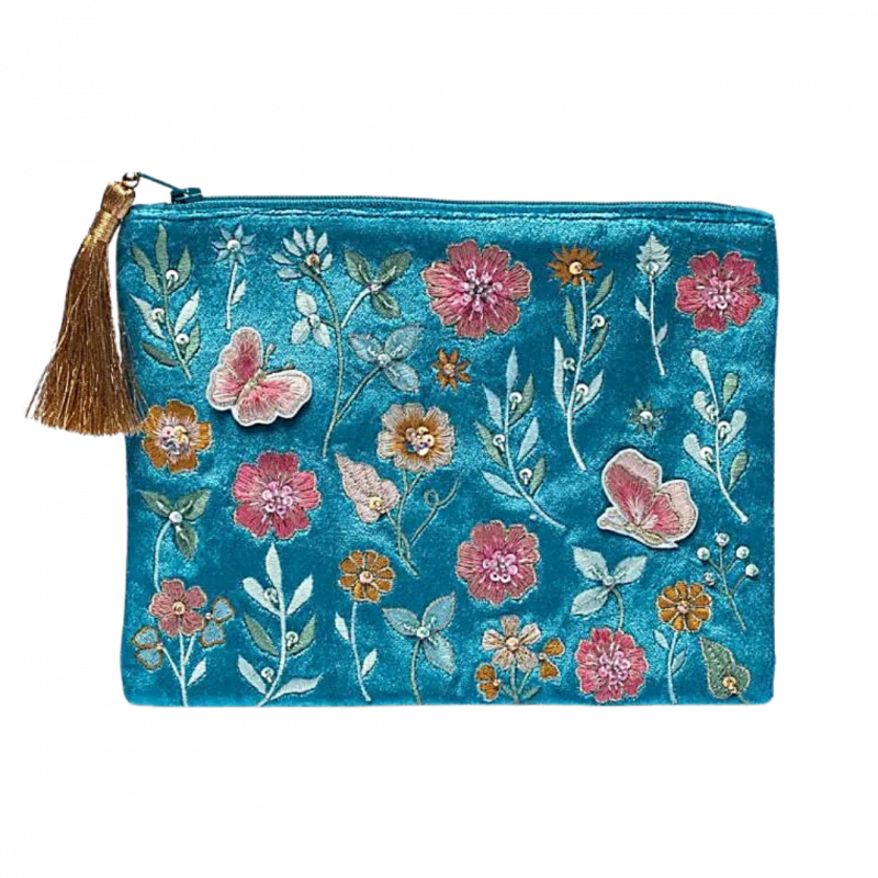Astuccio turchese con fiori in velluto - 20x15 cm