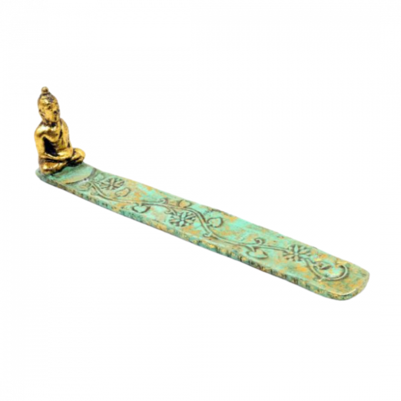 Brucia incenso buddha turchese in resina a barchetta - 28 cm