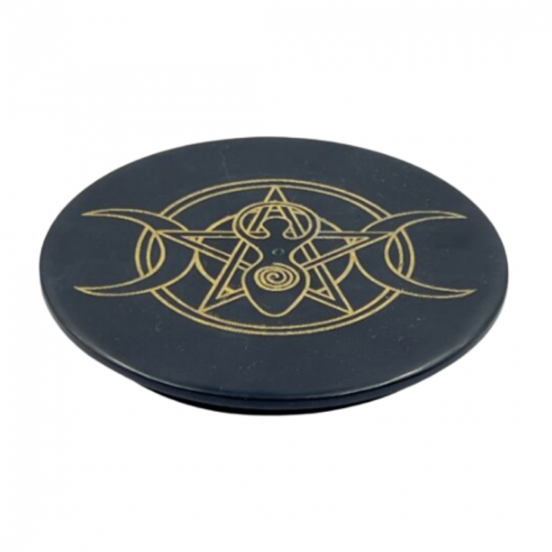 Brucia incenso dea e triplice luna in pietre saponaria nera tondo - 10 cm