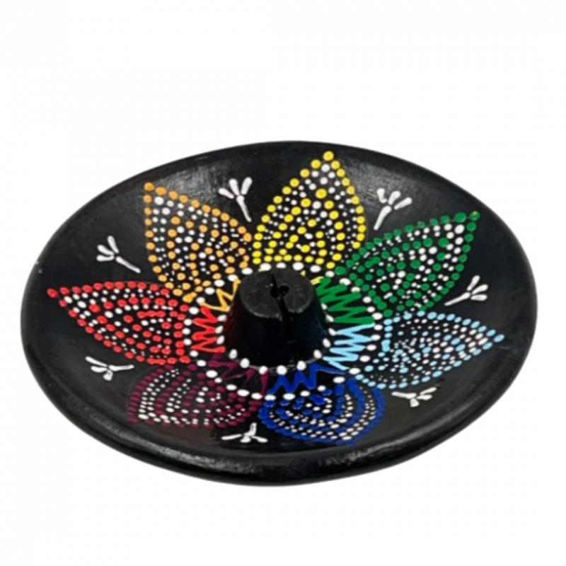 Bruciatore nero con fiore 7 chakra in terracotta tondo - 12 cm