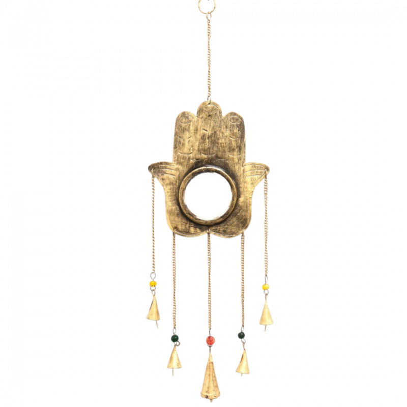 Campanella a vento indiana mano di fatima con specchio in ottone - 62 x 19 cm