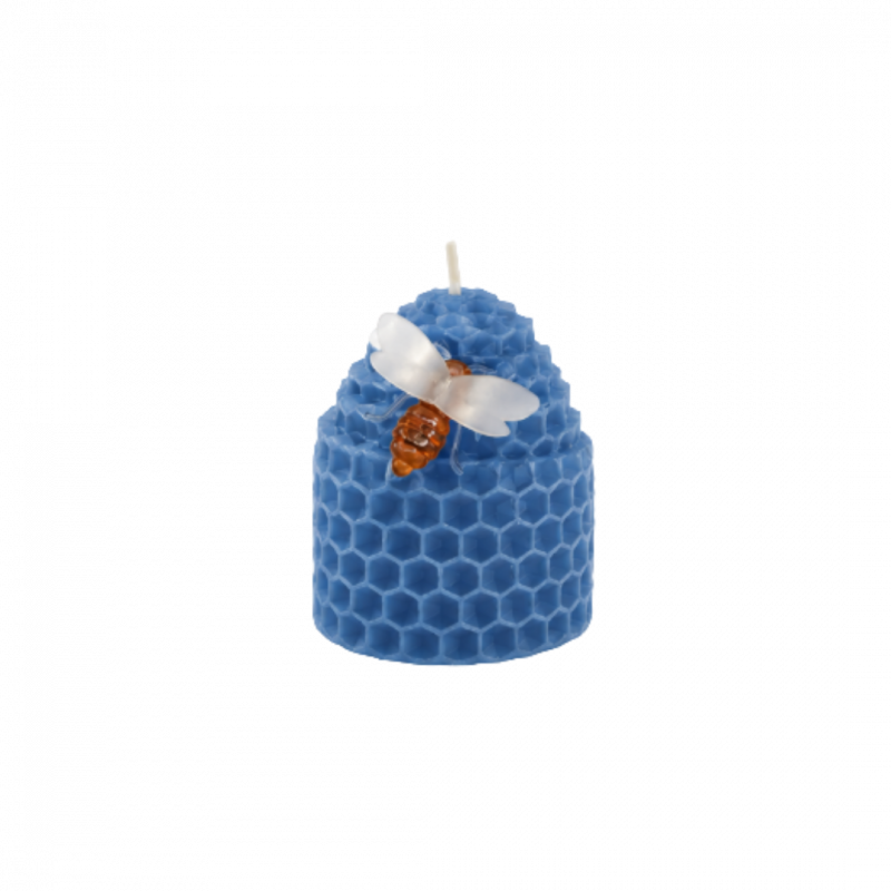 Candela foglio alveare blu con ape in cera d'api - 5 cm