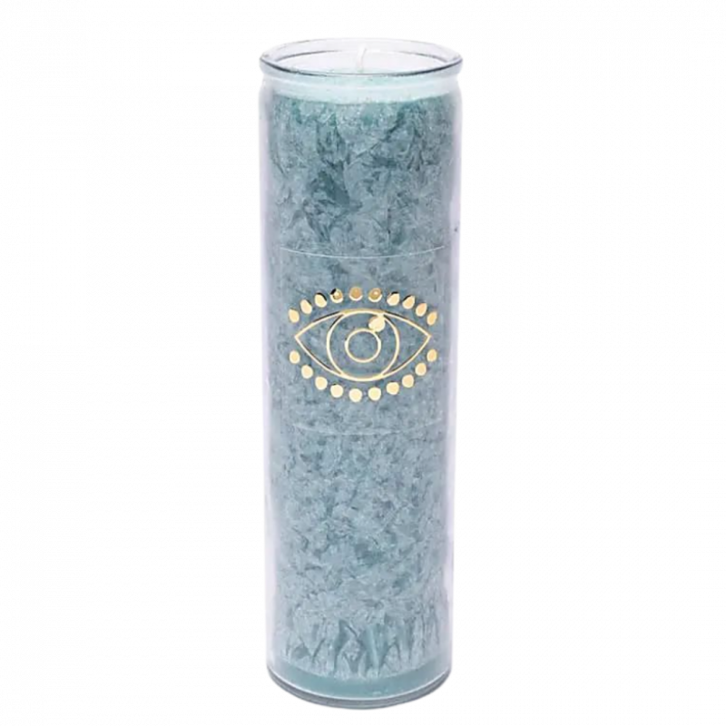 Candela yogi e yogini 100 h acquamarina e occhio divino in stearina in vetro