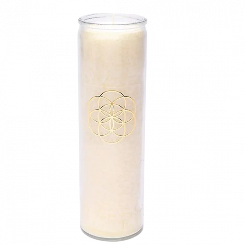 Candela yogi e yogini 100 h bianca e seme della vita in stearina in vetro