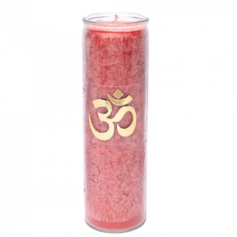 Candela yogi e yogini 100 h rossa e ohm in stearina in vetro