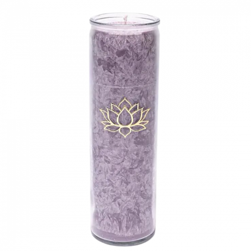 Candela yogi e yogini 100 h viola e fiore di loto in stearina in vetro