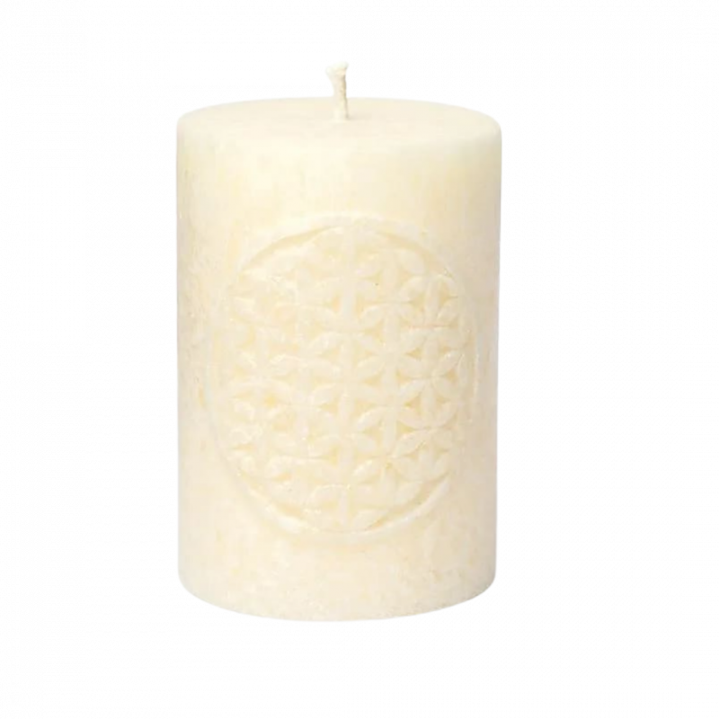 Candela yogi e yogini bianca con fiore della vita inciso in stearina - 20 h