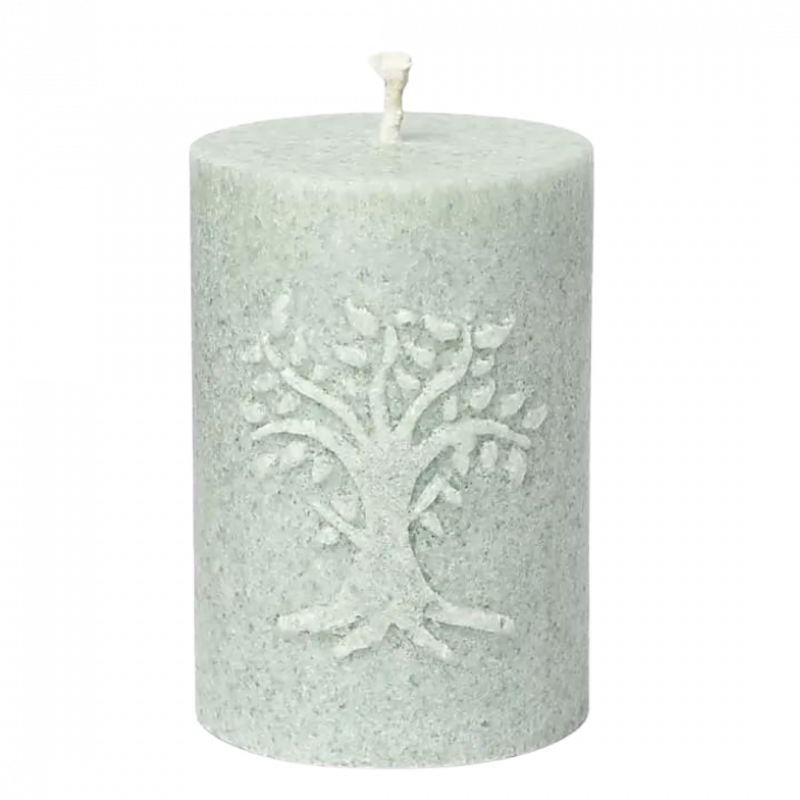 Candela yogi e yogini verde con albero della vita inciso in stearina - 20 h