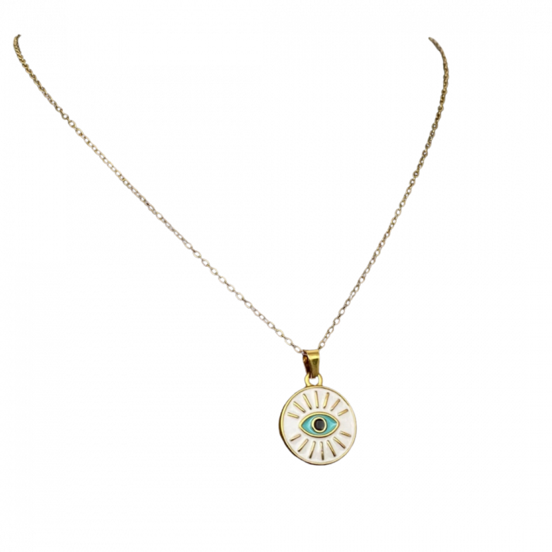 Ciondolo occhio divino in tondo bianco in acciaio inox placcato oro - 18 k