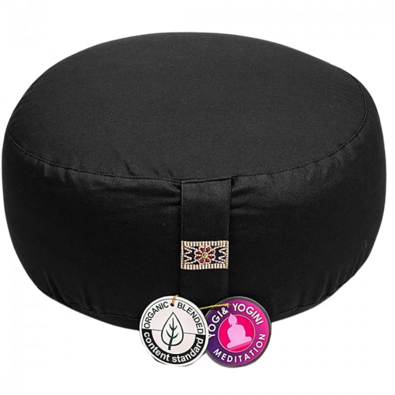 Cuscino zafu nero in cotone organico con pula di grano sfoderabile - 33x17 cm