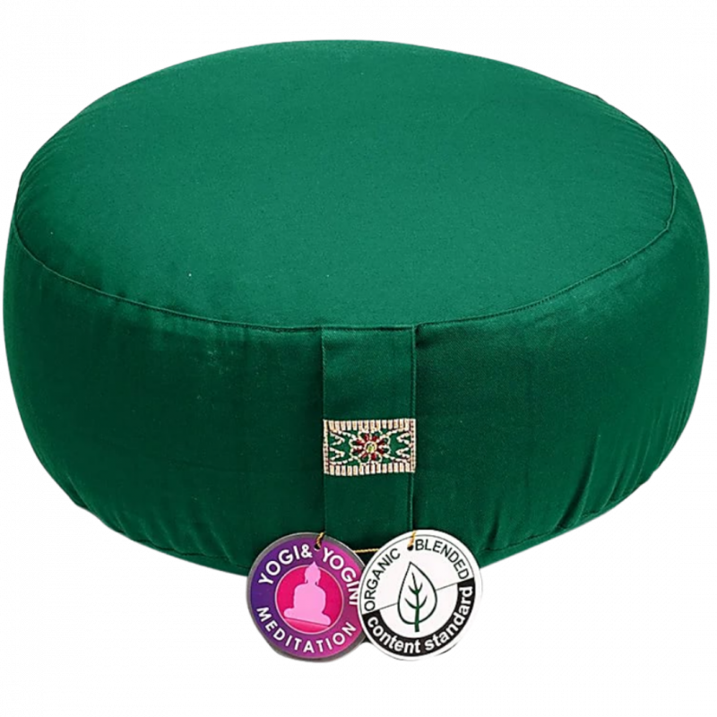 Cuscino zafu verde scuro in cotone organico con pula di grano - 33x17 cm