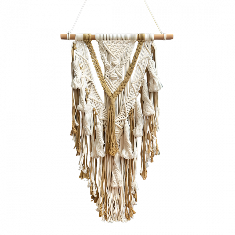 Decorazione macrame bianco e beige boho su bastone - 45 x 100 cm
