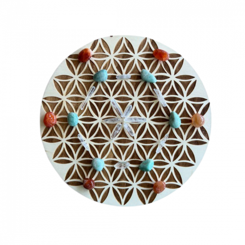 Griglia di cristalli fiore della vita in legno con piramide - 24 cm