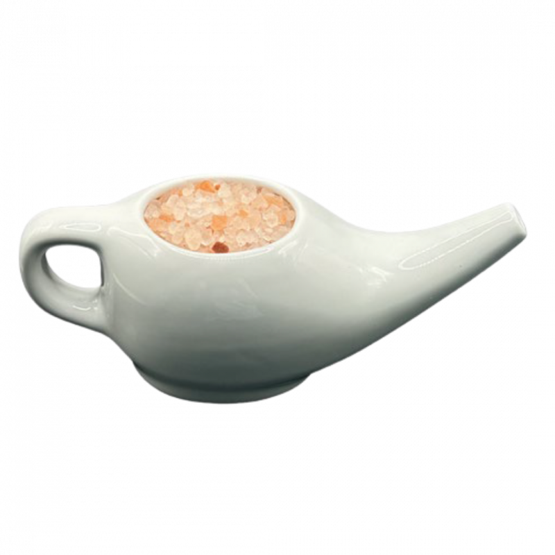 Neti lota in ceramica bianca con sale dell'himalaya - 18 cm