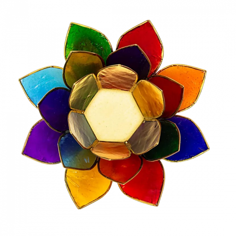 Porta candela fiore di loto colori sette chakra bordo oro - 13,5 cm